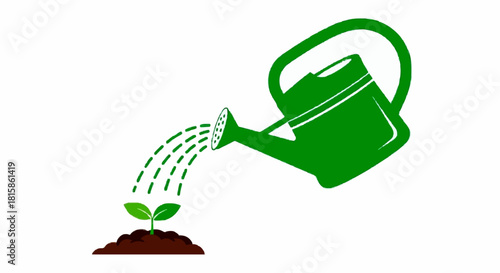 A green watering can pouring water onto a small, sprouting plant in dark soil.