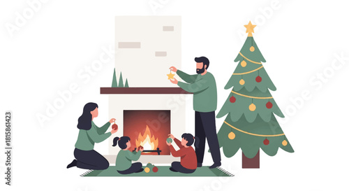 Family Decorating Christmas Tree and Fireplace Festive Holiday Season with Love and Togetherness