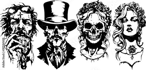 Engraving featuring antique silhouettes of male and female figures. Detailed black line drawing in vintage style, perfect for artistic projects in vector format.