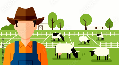 A farmer in a hat and overalls stands before a rural farm with cows and sheep grazing in fenced pastures.