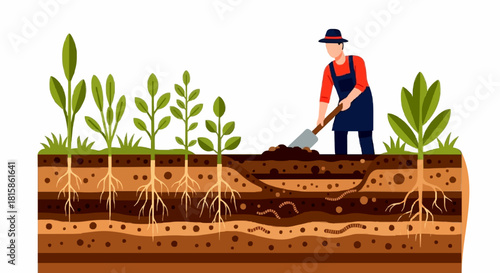 Gardener digging fertile soil with a shovel, illustrating plant growth stages and intricate root systems underground.