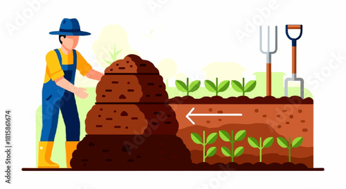 A farmer adding compost to soil, promoting plant growth in a garden setting.