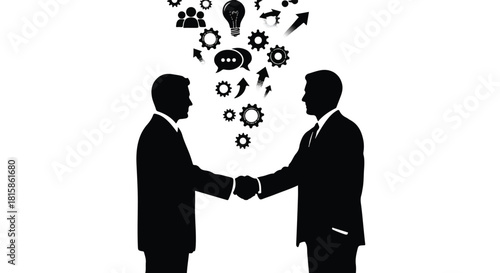 Black silhouette of two businessmen shaking hands with various icons floating above them on a white background.