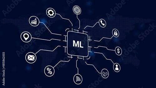 Wallpaper Mural ML concept with icons connected to a central processor on a digital world map background machine learning Torontodigital.ca