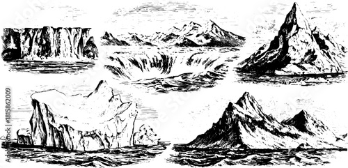 Antique engravings set of mountains and islands. Black line drawing with intricate details in a scenic ocean vector illustration.