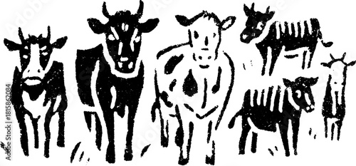 Graphic illustration of a cow set, featuring black and white silhouettes in a simple style. This vector illustration depicts rural dairy farming elements.