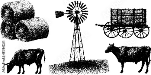 Engravings of farm elements: a windmill, cows, bales, and wagon. Antique vector illustration set depicting rural farming scenes.
