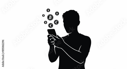 A silhouette of a person managing digital currency and cryptocurrency finances on a mobile smartphone application