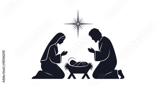 Elegant silhouette of the Holy Nativity scene with Mary, Joseph, and baby Jesus under the Star of Bethlehem, perfect for holiday greeting cards and seasonal designs