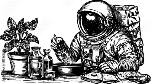 Astronaut in vintage style engraving, depicted cooking with jars and a frying pan. This unique vector illustration highlights culinary elements in a set.