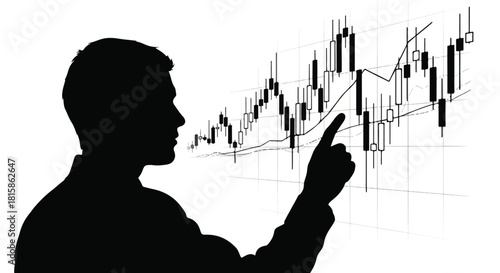 Silhouette of a professional trader analyzing a bullish candlestick chart, pointing to market growth and investment strategy