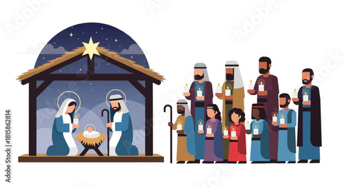 Nativity scene with baby Jesus and Three Kings visiting, vector art