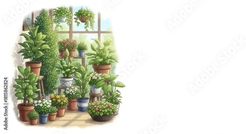 Indoor plant collection in a bright sunroom with varied foliage types and colors