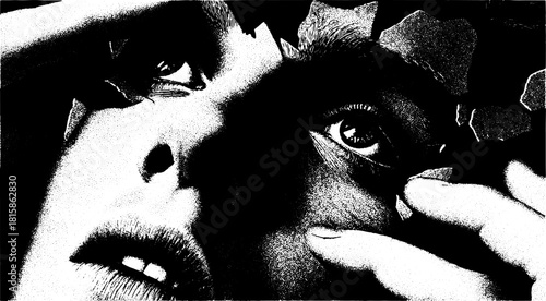 Engraved portrait illustration in detailed line work. A monochrome vector set showcasing texture and contrast of the human face, eyes, and hands.