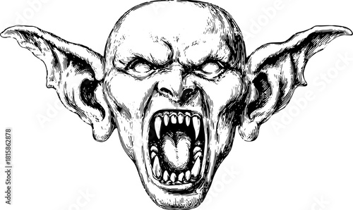 Vintage engraving of a scary monster head with bold outlines. This black and white vector illustration features a fierce expression and open mouth.