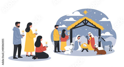 Candlelit Procession and Serene Nativity Scene Capturing the Spirit of Christmas Faith and Celebration in Vector Art