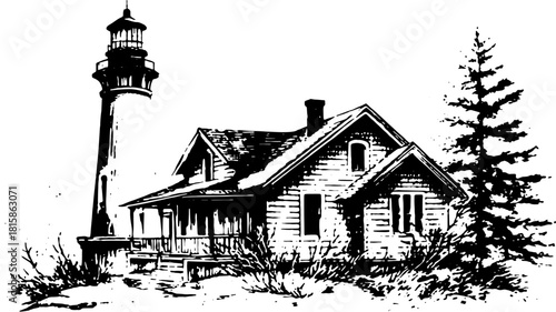 Vintage lighthouse and house engraving in black and white. Detailed vector illustration showcasing classic architectural features and rural landscape.