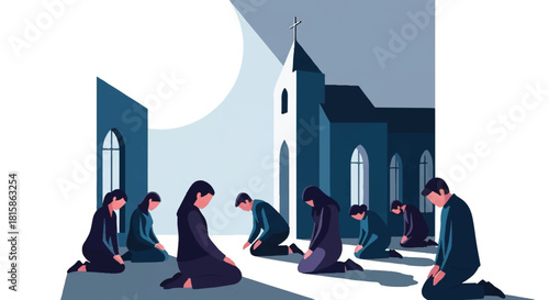 Group of People Kneeling in Prayer and Worship at a Church Building