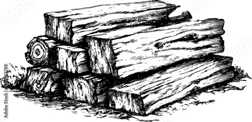 Wood logs stacked in a vintage engraving style. Detailed line drawing illustration of natural wooden texture in a set of vector illustrations.