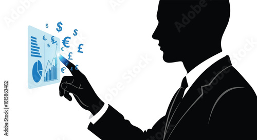Silhouette of a modern executive analyzing interactive financial charts and global market data on a virtual screen