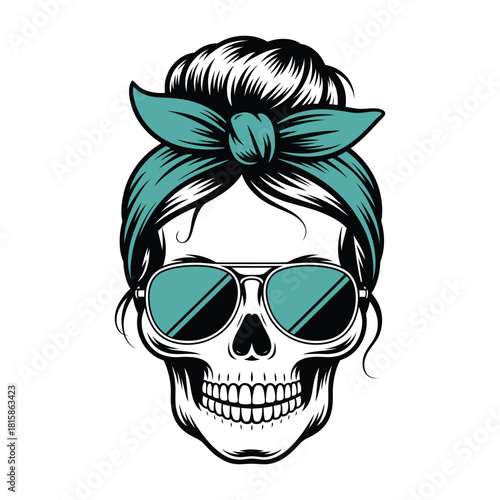 Skull with messy bun and sunglasses isolated on is a unique and edgy design, perfect for tshirts, posters, and other creative projects it combines the rebellious spirit of a skull with a trendy hairst