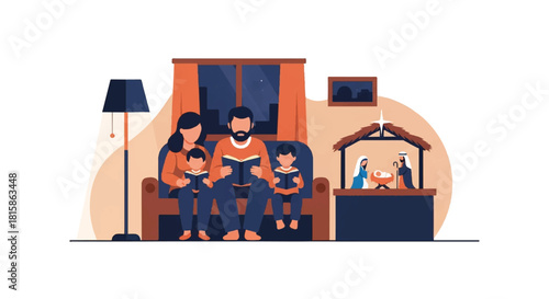 Heartwarming family scene with parents and kids reading books in a cozy home, a flat vector illustration capturing togetherness and holiday cheer
