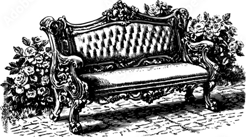 Vintage bench with intricate scrollwork and elegant floral detailing. This detailed vector illustration features a classic design, perfect for outdoor settings.