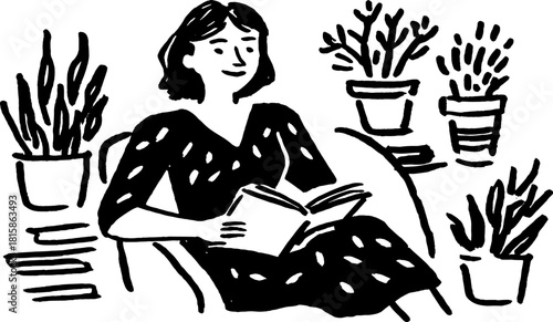 Woman reading a book surrounded by indoor plants. Simple vector illustration capturing a cozy indoor scene with a relaxed atmosphere.