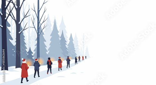 Vector illustration of a serene winter journey people walking through a snow-covered forest, highlighting the peaceful beauty of a cold season trek and the spirit of exploration