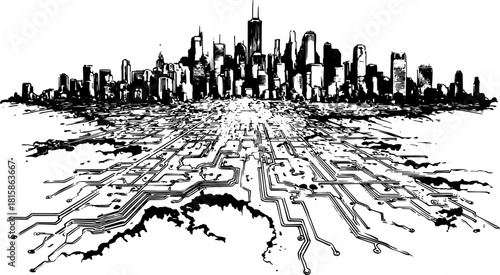 City skyline silhouette with a tech grid design. Abstract black and white vector illustration featuring modern structural elements and flow patterns.