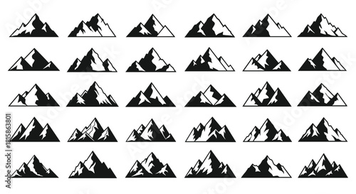 Mega set of mountain peak silhouettes, collection of various detailed and angular rock formations, concept for outdoor adventure, hiking, trekking, and geological logos, isolated on white