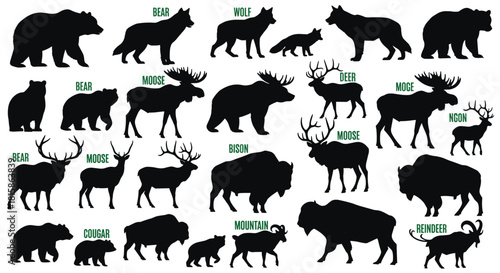 Mega set of wild animal silhouettes, collection featuring moose, bear, bison, deer, wolf, and cougar, perfect for nature, hunting, and outdoor adventure design, isolated on white