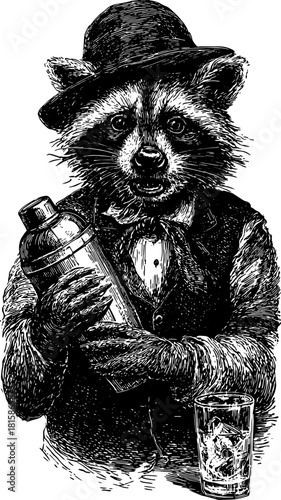 Vintage raccoon bartender illustration with detailed line drawing. The character holds a shaker and glass, presented in a retro vector style.