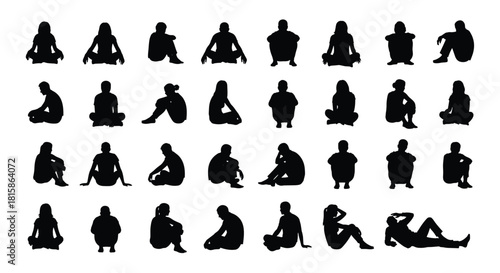Set of diverse sitting people silhouettes, collection of men and women in  perfect for concepts like relaxation, contemplation, architectural scale, and casual gatherings, isolated on white
