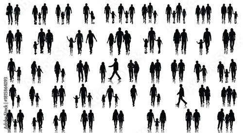 Set of family silhouettes, parents and children walking together, showing various groups and poses, concept for life, travel, or architectural scale figures, isolated with reflection