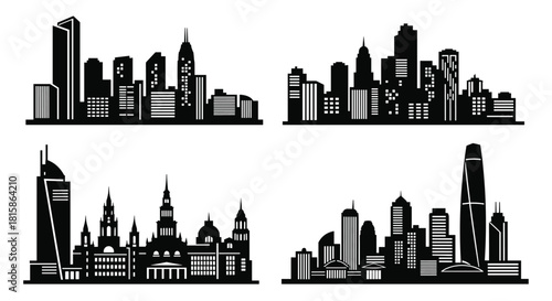 Set of four city skyline silhouettes, collection of modern and classic urban landscapes, showing various buildings, skyscrapers, and architecture, perfect for cityscape design 