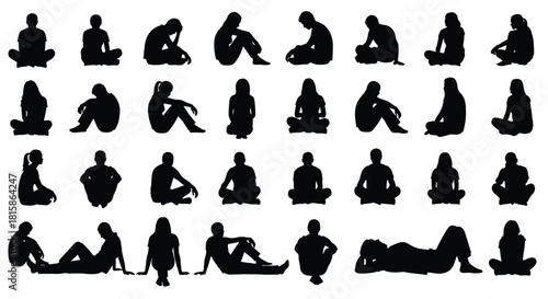Set of sitting and lying people silhouettes, collection of men and women resting in various ground poses, concept for meditation, relaxation, oR architectural scale figures, isolated on white