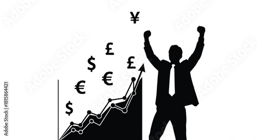 Successful Business Growth Rising Graph, Currency Symbols, and Silhouette Celebrating Financial Success