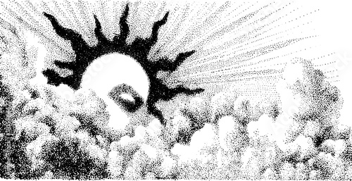 Sun silhouette emerging from clouds in a monochrome dot art style. Minimal vector illustration with distinctive graphic design elements.