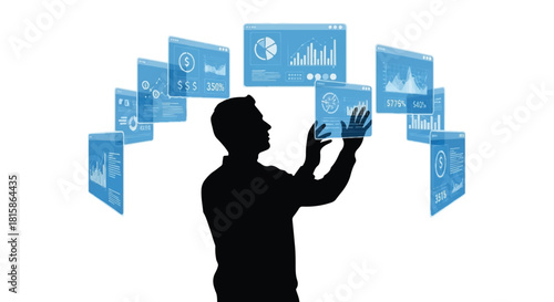Silhouette of a man interacting with floating blue screens displaying various graphs and charts on a white background.