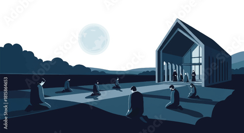 A solemn nocturnal ritual with figures in silent prayer, illuminated by the moon and glowing devices outside a modern structure