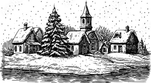 Vintage black and white outline illustration of a snowy landscape with houses and trees. This artwork features a church and a serene rural set.