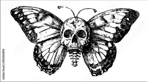 A butterfly with a skull design in black and white. This vintage engraving features detailed elements in a unique vector illustration style.