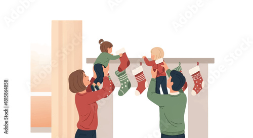Parents and kids hanging Christmas stockings on the mantelpiece, celebrating a festive family tradition at home. Flat vector illustration