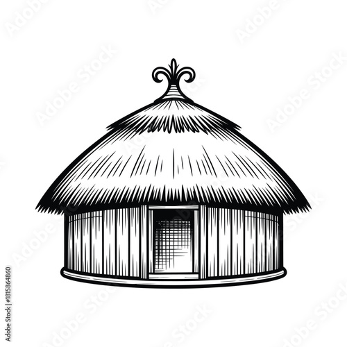 Hand drawn illustration of a traditional african hut isolated on the hut is made of wood and straw, and has a simple, rustic design it is a symbol of african culture and heritage