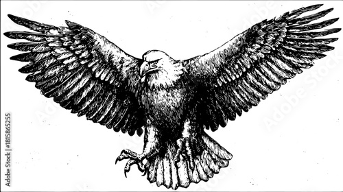 Eagle with detailed wings in vintage outline style. Black and white vector illustration showcasing the bird's natural beauty and structure.