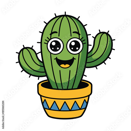 Cheerful cartoon cactus with big eyes in a yellow pot isolated on, adding a touch of whimsy and charm to any design project