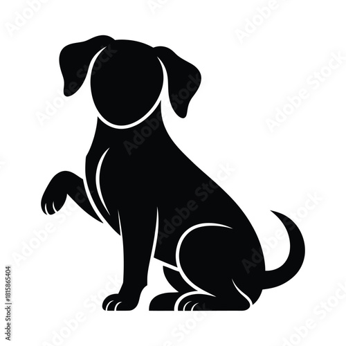 A black silhouette of a dog sitting with its paw raised, isolated on, creating a simple and elegant design suitable for various applications
