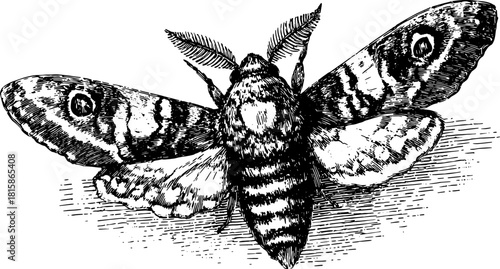 Engraved moth illustration in a vintage style. Black outline drawing, suitable for scientific vector set.