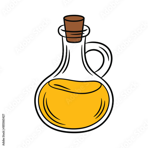 Illustration of a glass bottle with olive oil isolated on the bottle is sealed with a cork and has a handle, perfect for culinary or healthy lifestyle themes